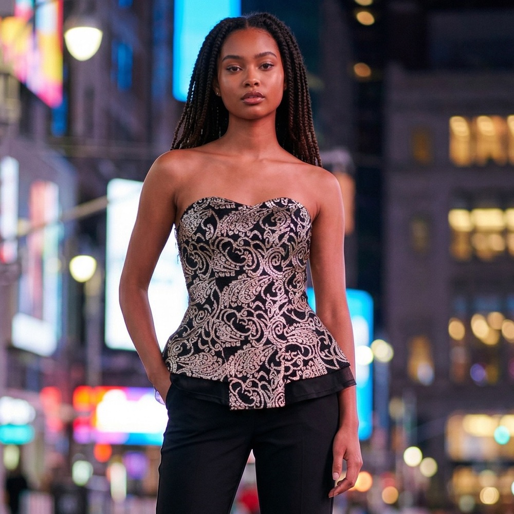Strapless Black Bustier Top with Gold Brocade Peplum
